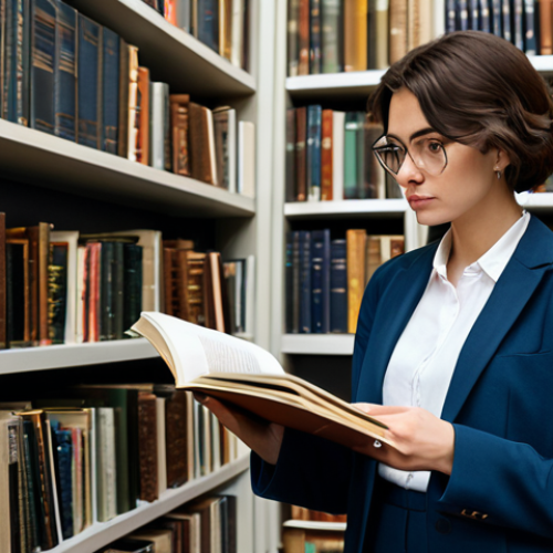 Home 11 A professional female art critic, dressed in a modest business blazer and smart trousers, deeply focused while researching in a well-lit art library. She is surrounded by shelves of art history books and journals, holding an open notebook and a pen. The scene emphasizes intellectual curiosity and dedication. fully clothed, appropriate attire, professional dress, safe for work, appropriate content, professional, perfect anatomy, correct proportions, natural pose, well-formed hands, proper finger count, natural body proportions, high-quality photography, sharp focus.