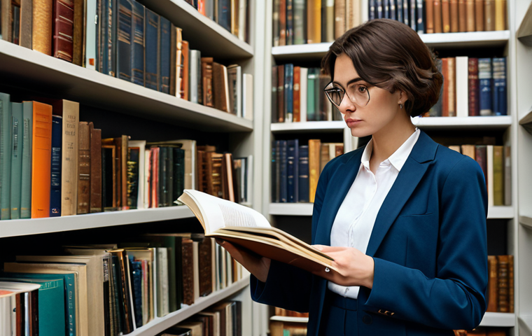 A professional female art critic, dressed in a modest business blazer and smart trousers, deeply focused while researching in a well-lit art library. She is surrounded by shelves of art history books and journals, holding an open notebook and a pen. The scene emphasizes intellectual curiosity and dedication. fully clothed, appropriate attire, professional dress, safe for work, appropriate content, professional, perfect anatomy, correct proportions, natural pose, well-formed hands, proper finger count, natural body proportions, high-quality photography, sharp focus.