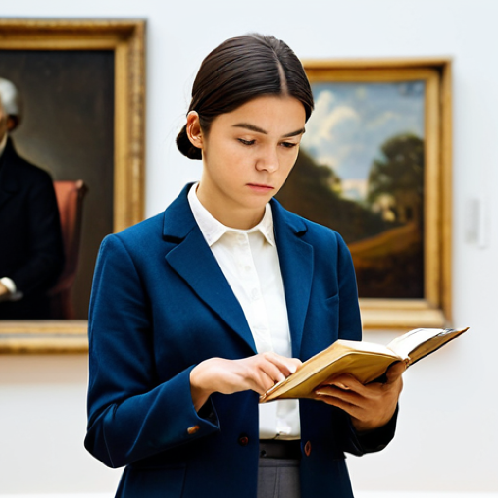 A focused professional art scholar, dressed in a modest blazer and smart trousers, meticulously examining a historical painting in a brightly lit museum gallery. The scholar holds a notebook and pen, with art history books subtly blurred in the background. The scene emphasizes deep contemplation and academic rigor. Soft natural light streams through a large window. fully clothed, appropriate attire, safe for work, perfect anatomy, correct proportions, natural pose, well-formed hands, proper finger count, natural body proportions, professional photography, high quality, family-friendly.