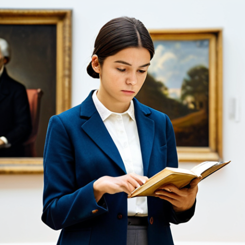 Home 6 A focused professional art scholar, dressed in a modest blazer and smart trousers, meticulously examining a historical painting in a brightly lit museum gallery. The scholar holds a notebook and pen, with art history books subtly blurred in the background. The scene emphasizes deep contemplation and academic rigor. Soft natural light streams through a large window. fully clothed, appropriate attire, safe for work, perfect anatomy, correct proportions, natural pose, well-formed hands, proper finger count, natural body proportions, professional photography, high quality, family-friendly.