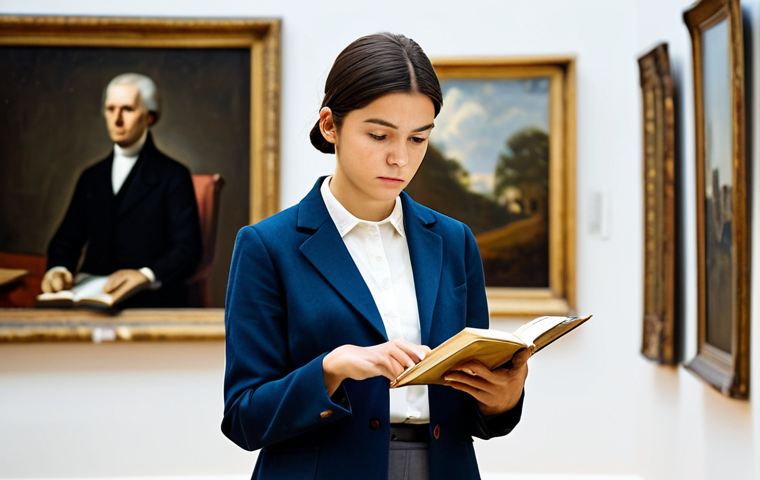 A focused professional art scholar, dressed in a modest blazer and smart trousers, meticulously examining a historical painting in a brightly lit museum gallery. The scholar holds a notebook and pen, with art history books subtly blurred in the background. The scene emphasizes deep contemplation and academic rigor. Soft natural light streams through a large window. fully clothed, appropriate attire, safe for work, perfect anatomy, correct proportions, natural pose, well-formed hands, proper finger count, natural body proportions, professional photography, high quality, family-friendly.